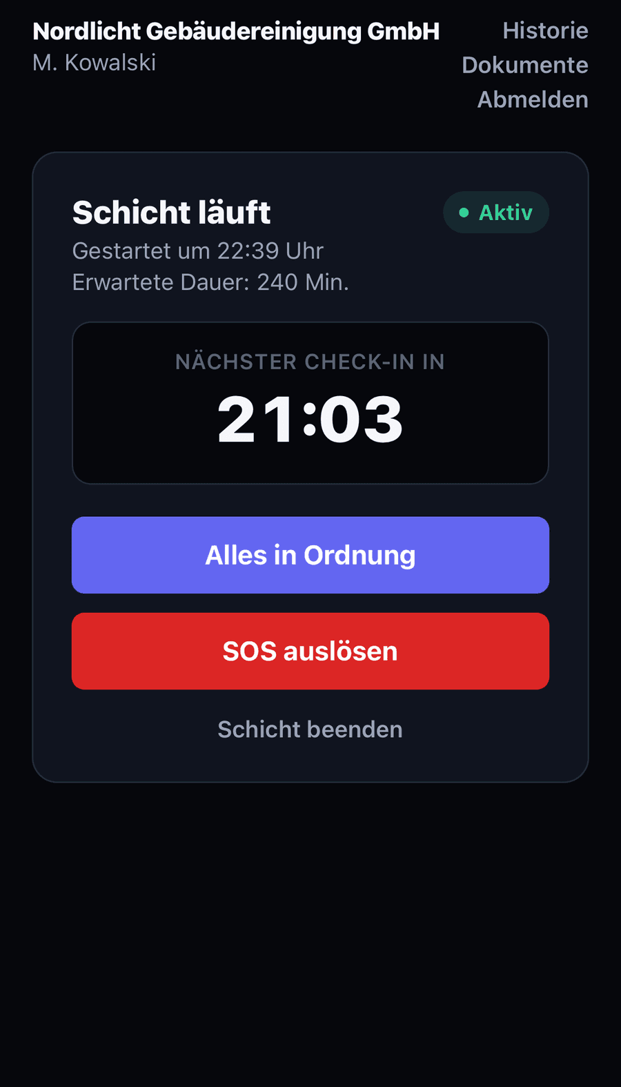 Solavo-App während einer laufenden Schicht: Countdown bis zum nächsten Check-in, Knöpfe „Alles in Ordnung“ und „SOS auslösen“